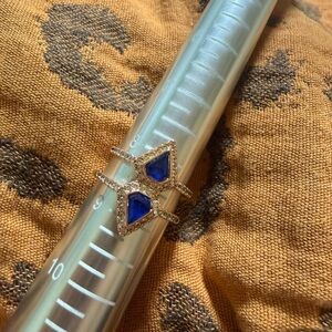 Blue Opal Look Ring Rose Gold Plated Split Shank Halo Size 8–8.5